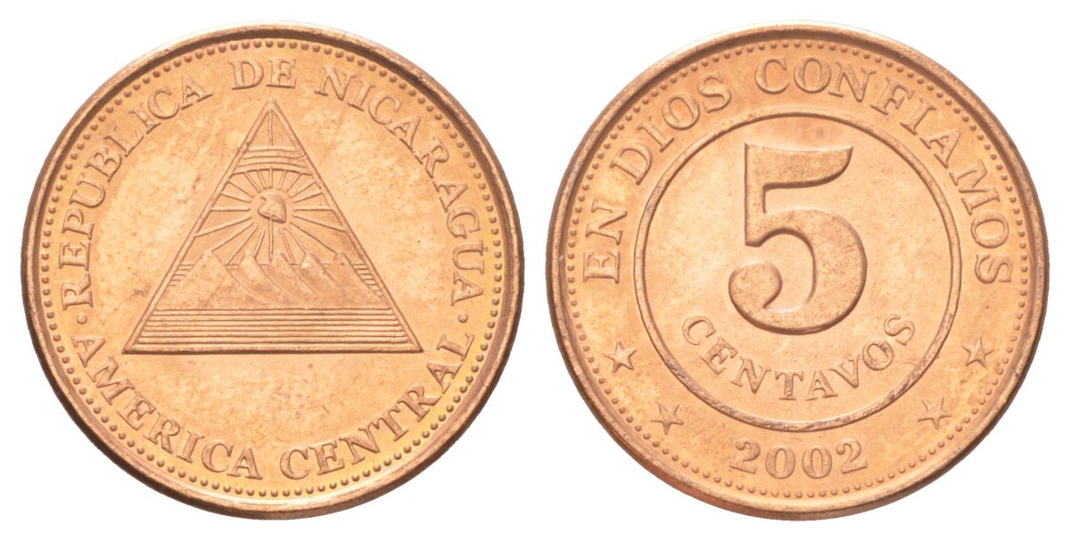 Никарагуа 5 сентаво 2002 KM 97 сталь плакированная медью UNC 4625-225