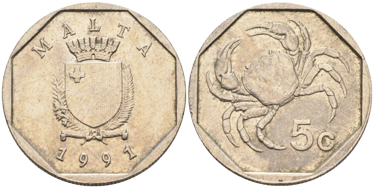 Мальта 5 центов 1991 краб KM 95 медно-никель 4564-713