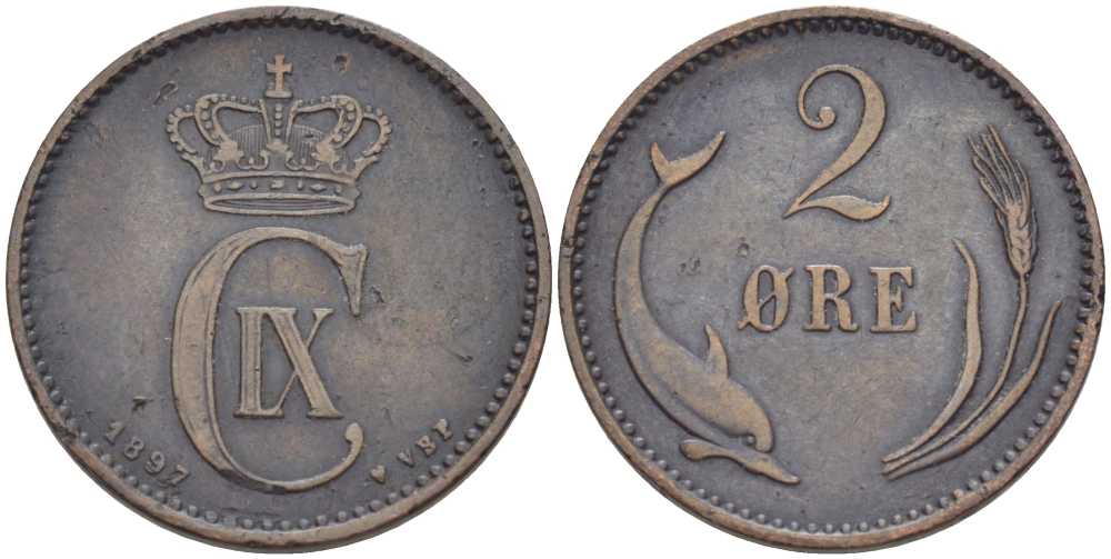 ДАНИЯ 2 ЭРЕ 1897 VBP, ДЕЛЬФИН, КРИСТИАН IX (1863-1906) KM 793.2 бронза 31-115