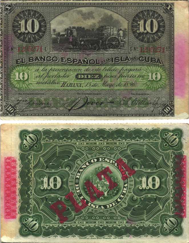 Куба 10 песо 1896 Испанская Администрация, надпечатка PLATA Pick 49 d бумага аUNC 7116-13-2-1