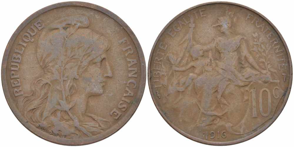 ФРАНЦИЯ 10 САНТИМОВ 1916 ТИП ДАНИЭЛЬ ДЮПЮИ KM 843, LA FRANC 136.27 бронза 109-346