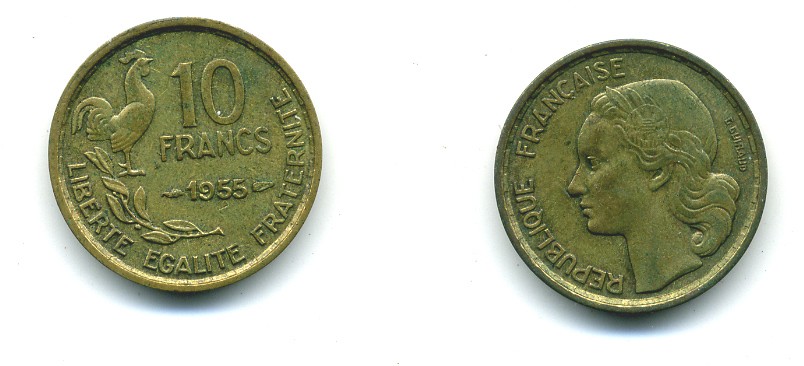 ФРАНЦИЯ 10 ФРАНКОВ 1955 KM 915.1 алюминиевая бронза 84-813