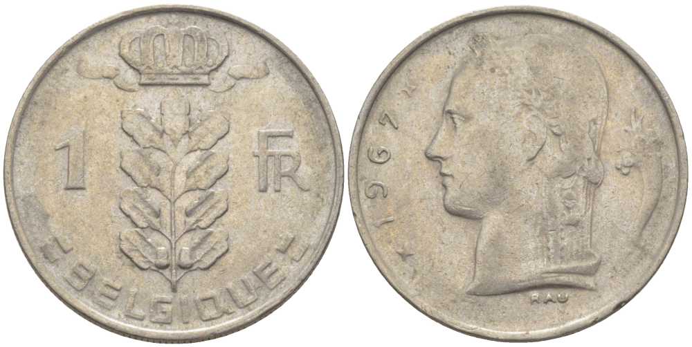 БЕЛЬГИЯ 1 ФРАНК 1967 BELGIQUE, БОДУЭН I (1951-1993) KM 142.1 медно-никель 119-456