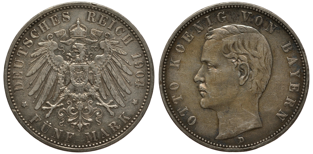 Бавария 5 марок 1904 Отто (1886-1913) Weege 47, J. 46, KM 512 серебро 3711-1515