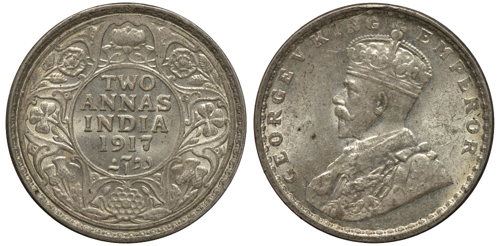 Британская Индия 2 анна 1917 Георг V (1910-1936) KM 515 серебро UNC 4044-815