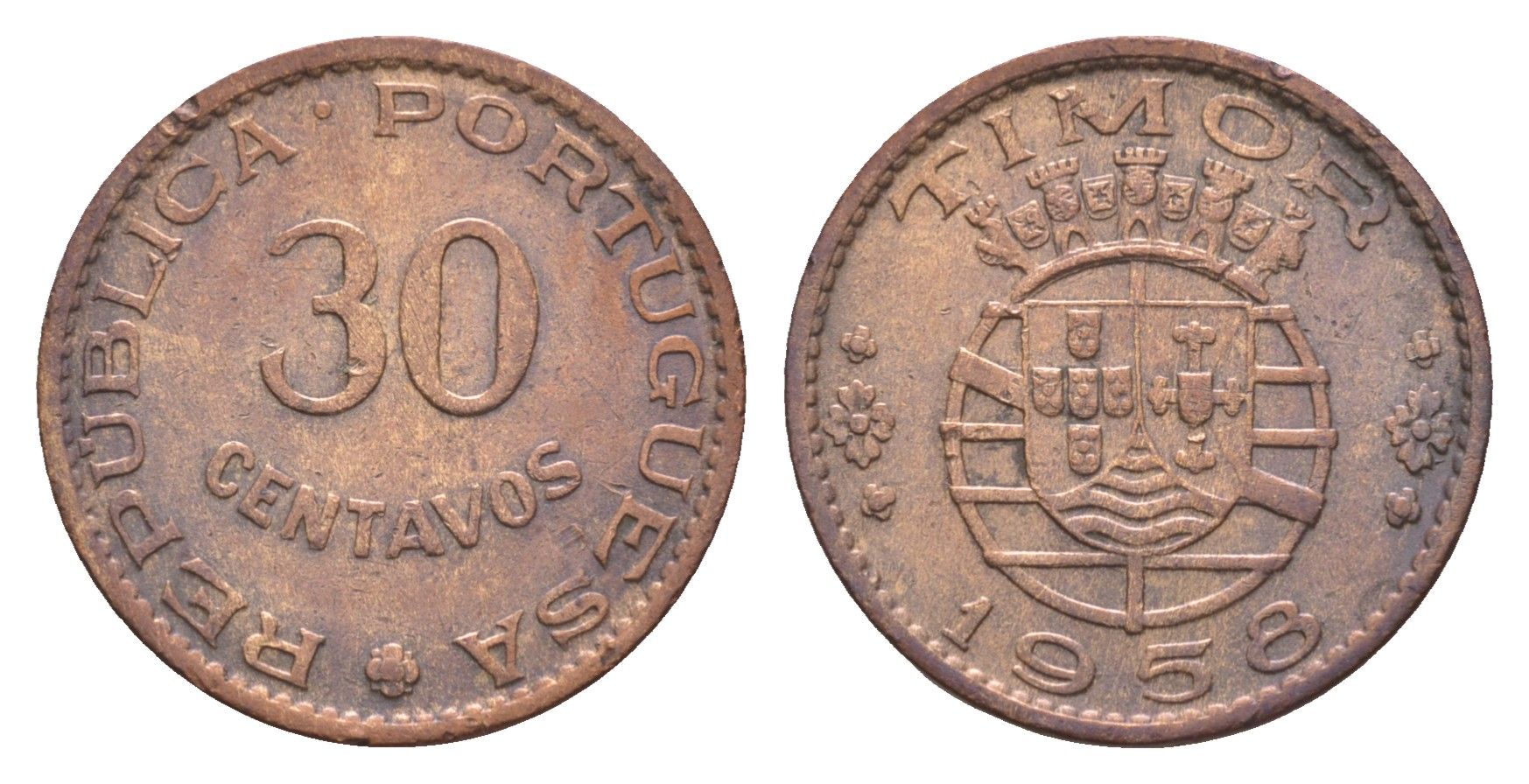 Португальский Тимор 30 сентаво 1958 год-тип KM 11 бронза 413-1311