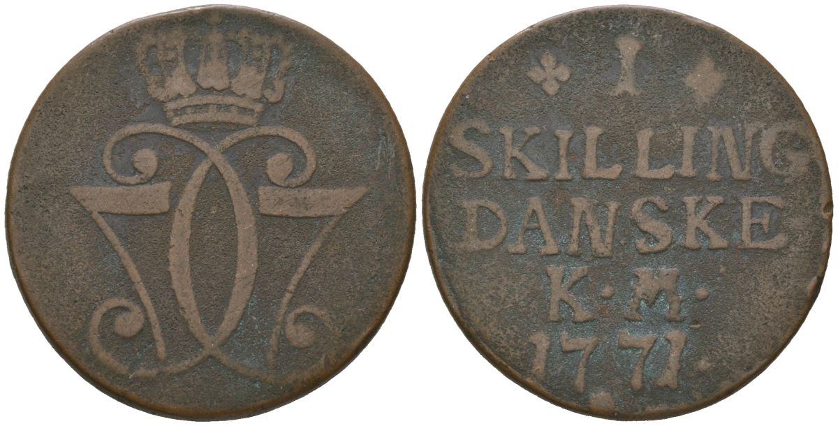 Дания 1 скиллинг 1771 Кристиан VII (1766-1808) KM 616 медь 4171-831