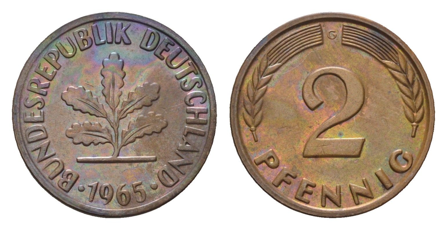 ФРГ 2 пфеннига 1965 G KM 106, J. 381 бронза 214-717