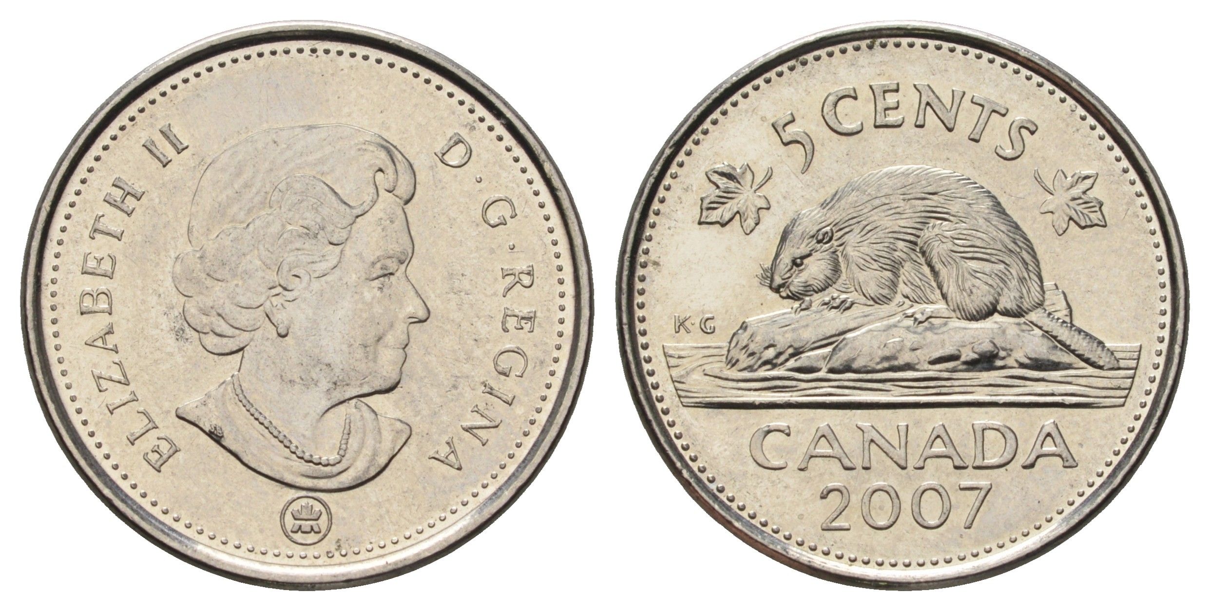 Канада 5 центов 2007 Leaf, Елизавета II (1952-2022), бобр KM 491 сталь плакированная никелем UNC 4689-511