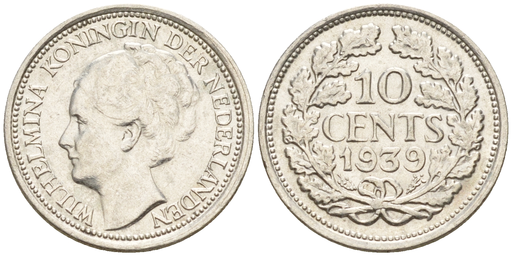 Нидерланды 10 центов 1939 Вильгельмина I (1890-1948) KM 163 серебро  4160-1243