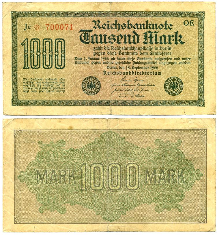 ГЕРМАНИЯ 1000 МАРОК 1922 15 СЕНТЯБРЯ 1922, ВОДЯНОЙ ЗНАК I, ЖЕЛТАЯ БУМАГА, СЕРИЯ OE Pick 76b, Rosenberg 75d бумага 7548-56-2