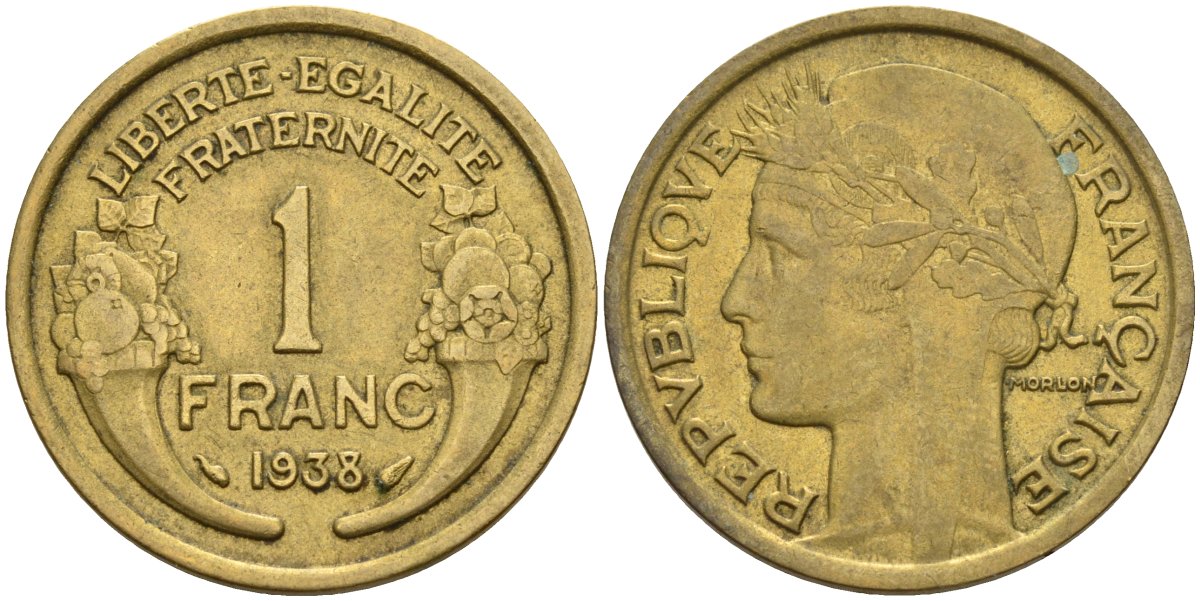 Франция 1 франк 1938 KM 885, Le Franc 219.2 алюминиевая бронза 4142-851
