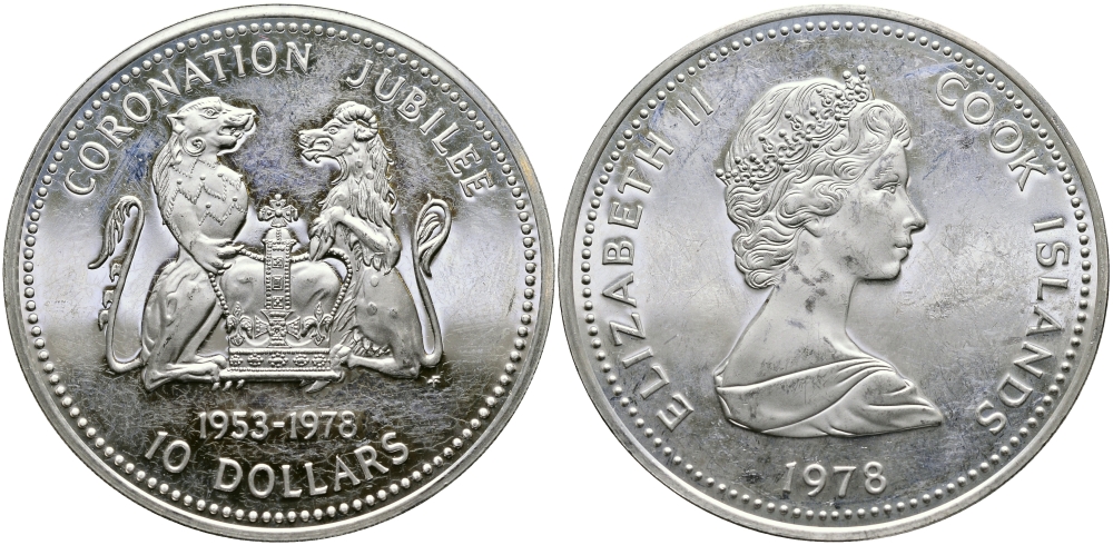 Острова Кука 10 долларов 1978 FM, 25 лет со дня коронации Елизаветы (1953-1978) KM 21 серебро PROOF 1068-3-43