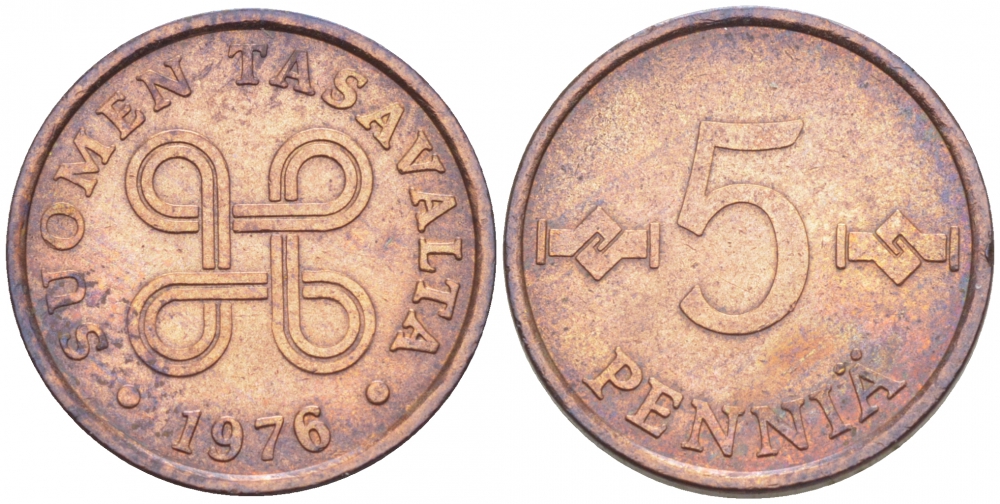ФИНЛЯНДИЯ 5 ПЕННИ 1976 KM 45 медь 3996-1038