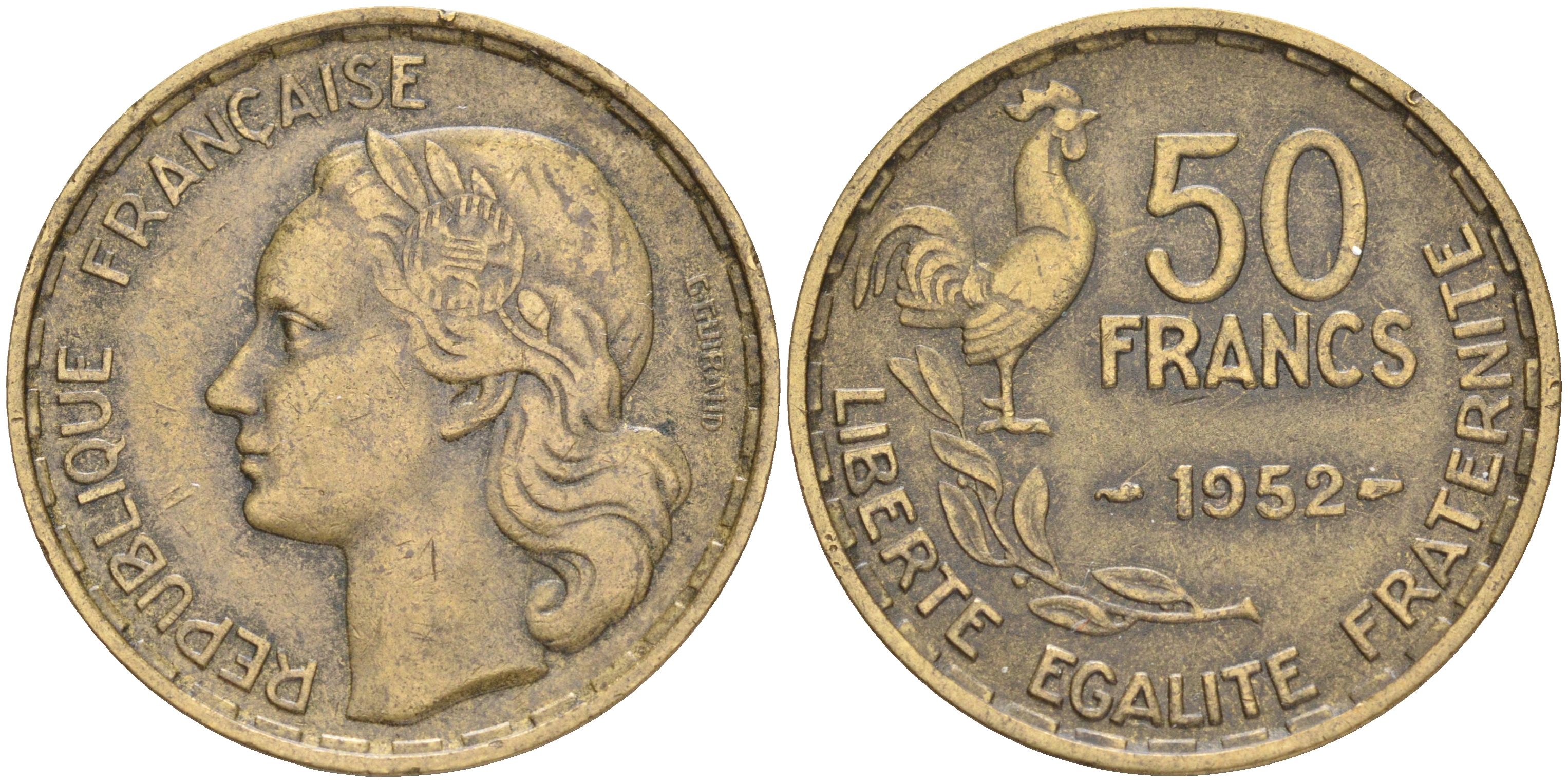 ФРАНЦИЯ 50 ФРАНКОВ 1952 KM 918.1 алюминиевая бронза 189-321