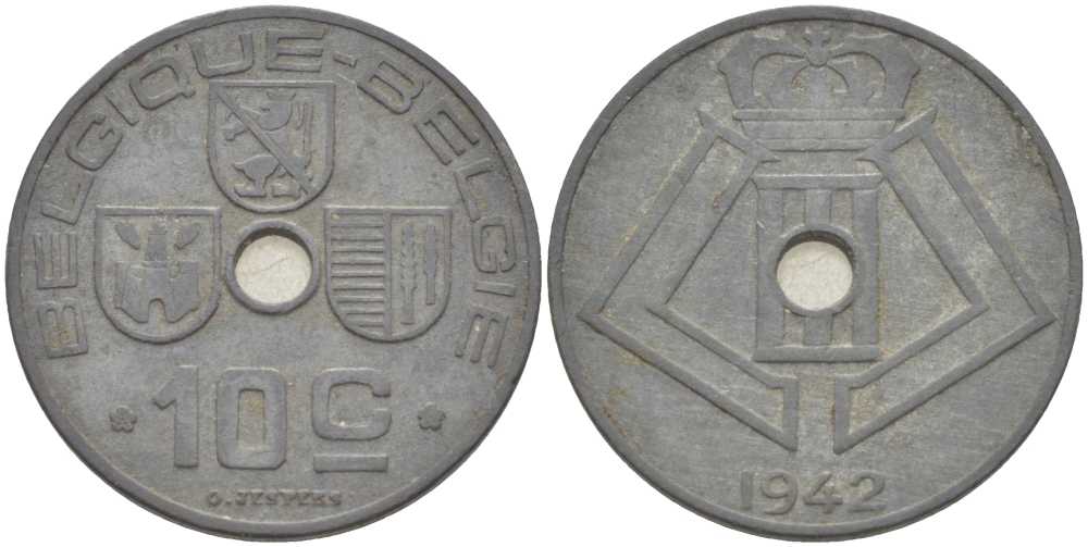 Бельгия 10 сантимов 1942 Belgique - Belgie, Леопольд III (1934-1947), германская оккупация, Вторая мировая война KM 125 цинк 212-934