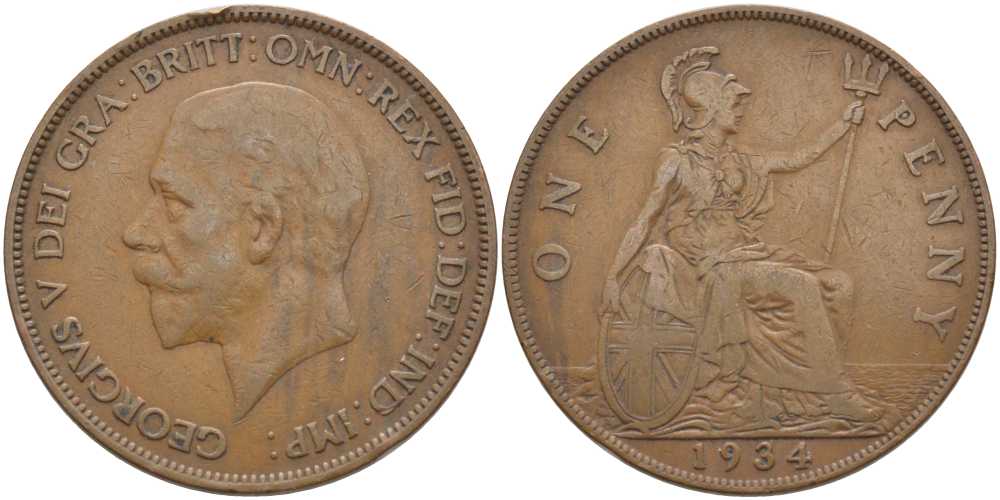 Великобритания 1 пенни 1934 Георг V (1910-1936) KM 838, Spink 4055 бронза 115-311