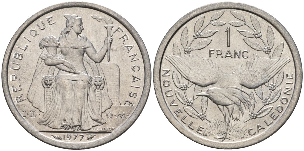 Французская Новая Каледония 1 франк 1977 KM 10 алюминий 4153-651