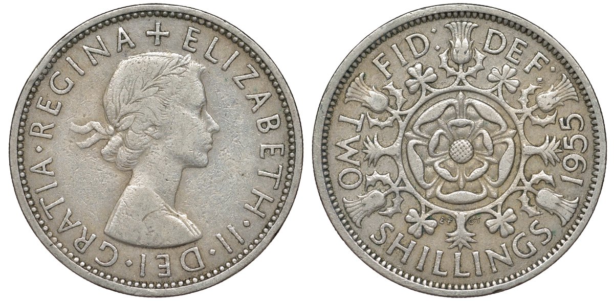 Великобритания 2 шиллинга (флорин) 1955 Елизавета II (1952-2022) KM 906, Spink 4146 медно-никель 51-2732