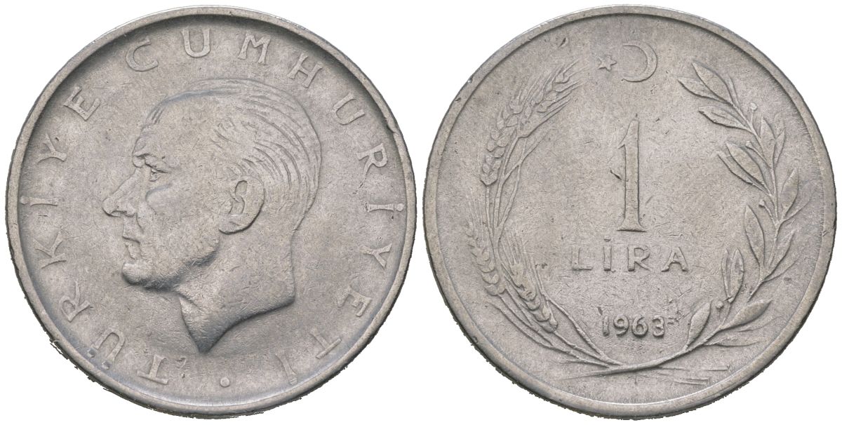 Турция 1 лира 1963 Мустафа Кемаль Ататюрк KM 889a.1 нержавеющая сталь 4620-553