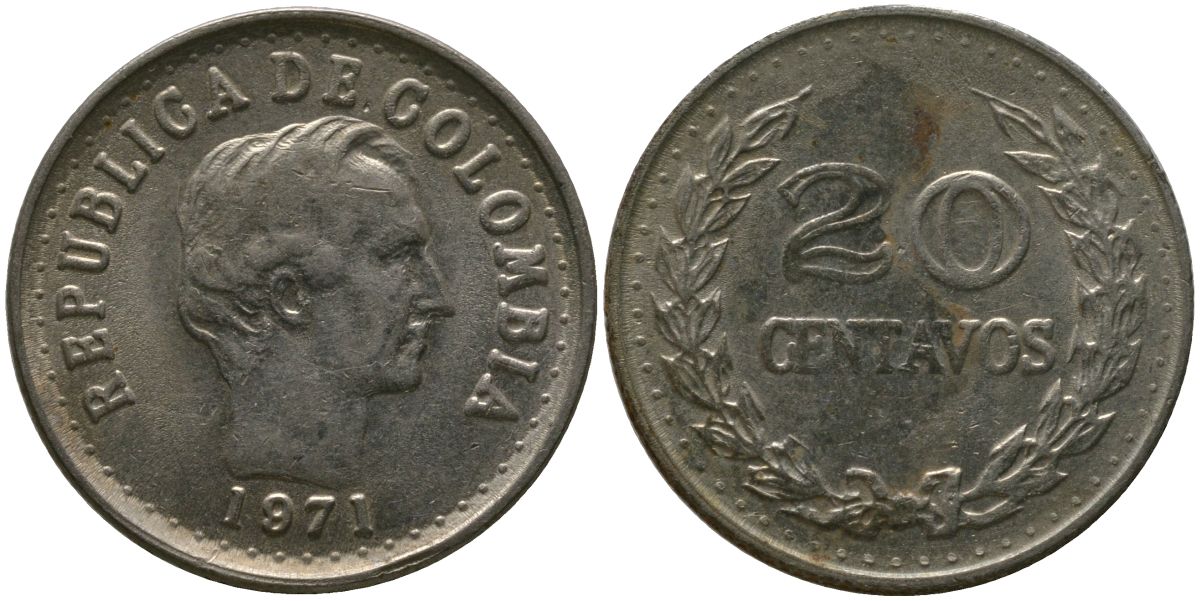 Колумбия 20 сентаво 1971 KM 246 сталь плакированная никелем 4529-627
