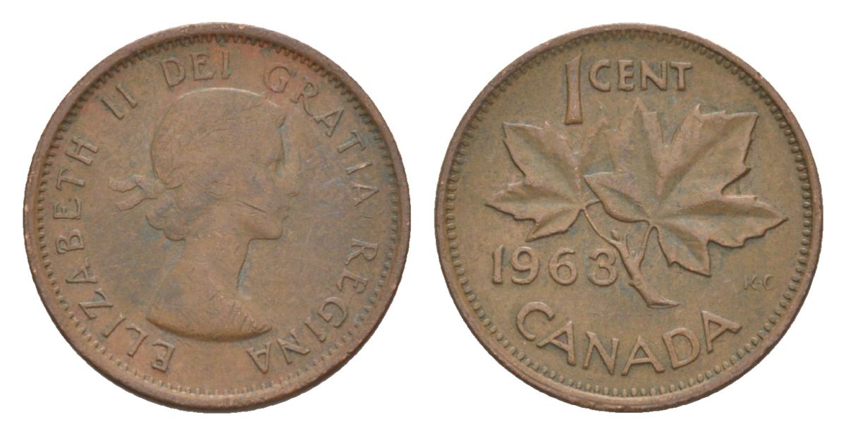 Канада 1 цент 1963 Елизавета II (1952-2022), кленовый лист KM 49 бронза 4630-539