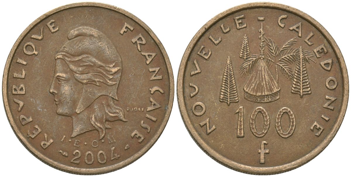Французская Новая Каледония 100 франков 2004 хижина среди сосен и пальм, (IEOM) KM 15, Schoen 16, Lec 139h никель бронза 111-421