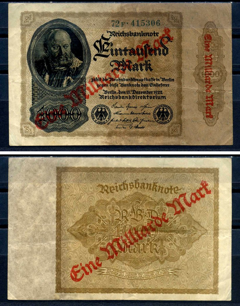 Германия 1000000000 марок 1923 красная диагональная, двухсторонняя надпечатка на 1000 марок 1922, бумага белая, водяной знак 1001 Pick 113 a (2) бумага 8589-51-3-1