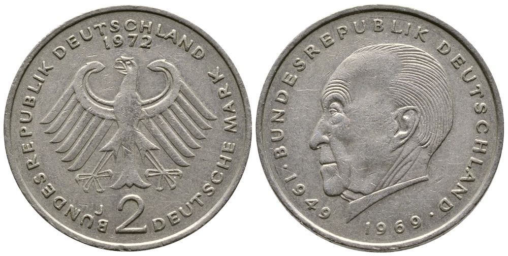 ФРГ 2 марки 1972 J, Конрад Аденауэр J 406, KM 124 медно-никель плакированный никелем 47-845