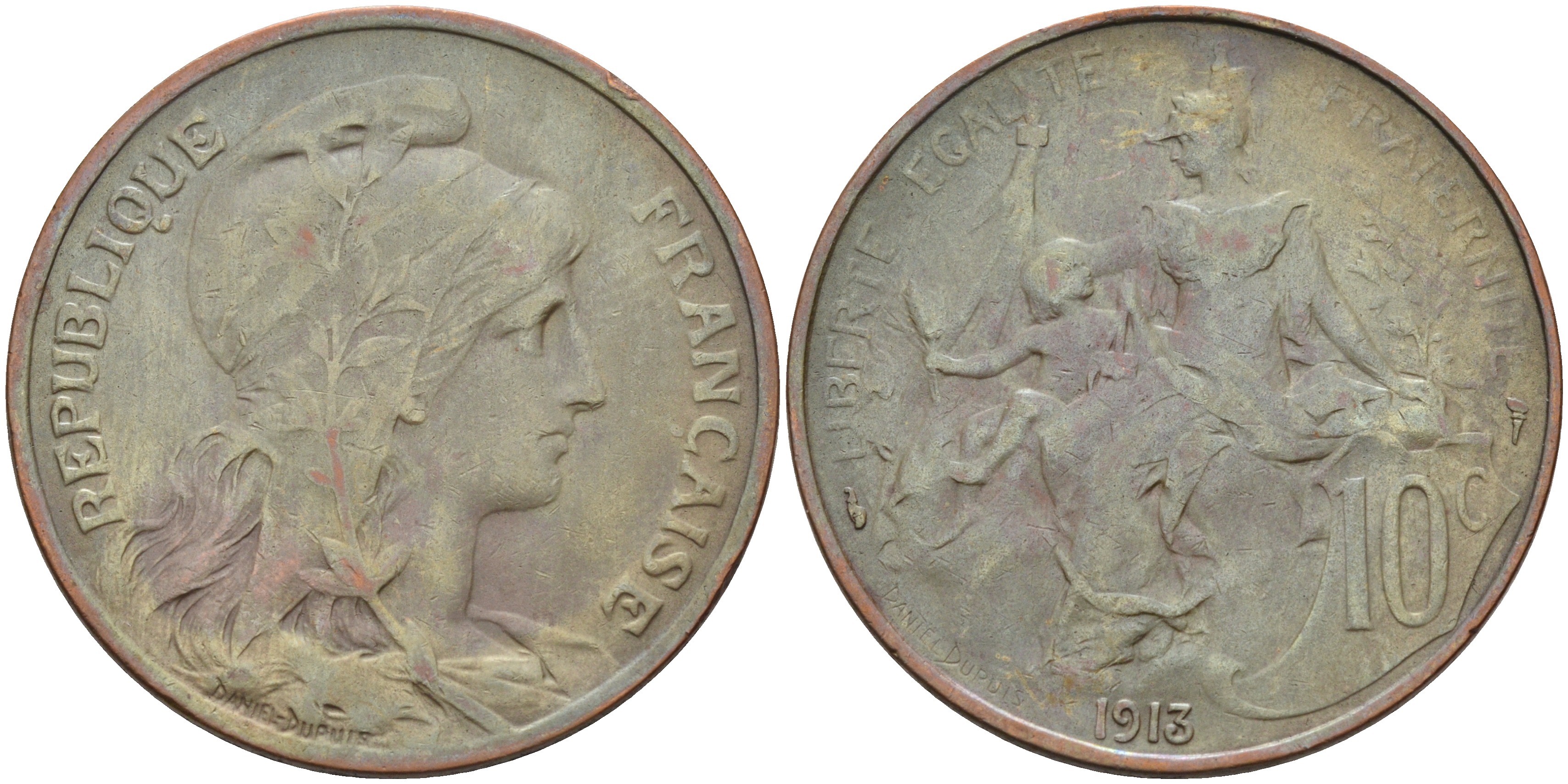 Франция 10 сантимов 1913 тип Дюпюи KM 843 бронза 4117-313