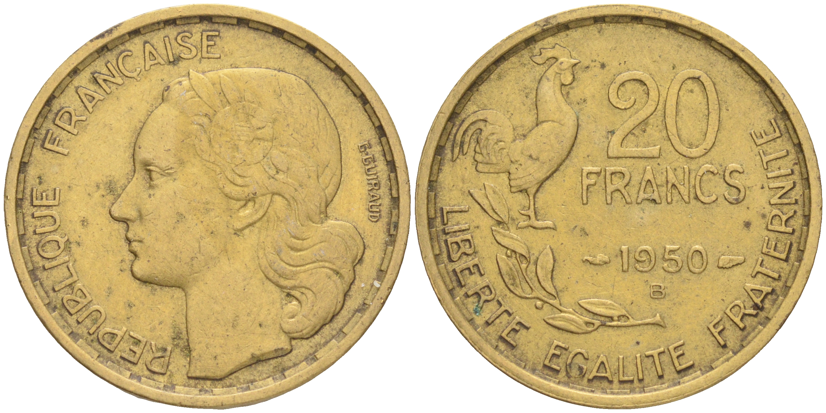 ФРАНЦИЯ 20 ФРАНКОВ 1950 В, 4 ПЕРА KM 917.2, LE FRANC 402.4 алюминиевая бронза 4556-154