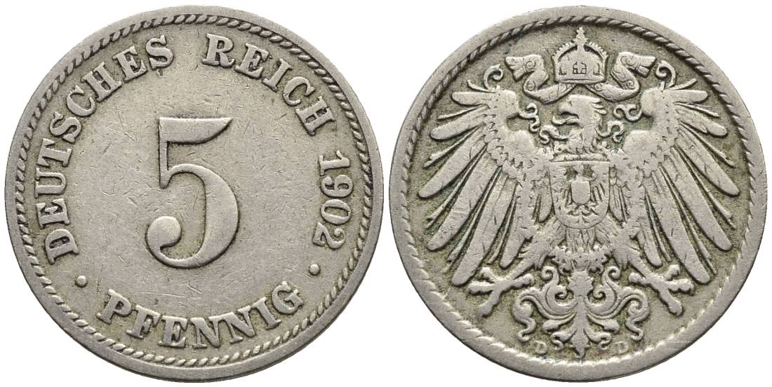 ГЕРМАНИЯ 5 ПФЕННИГОВ 1902 D KM 11, Jager 12, Weege 6 медно-никель 4547-424