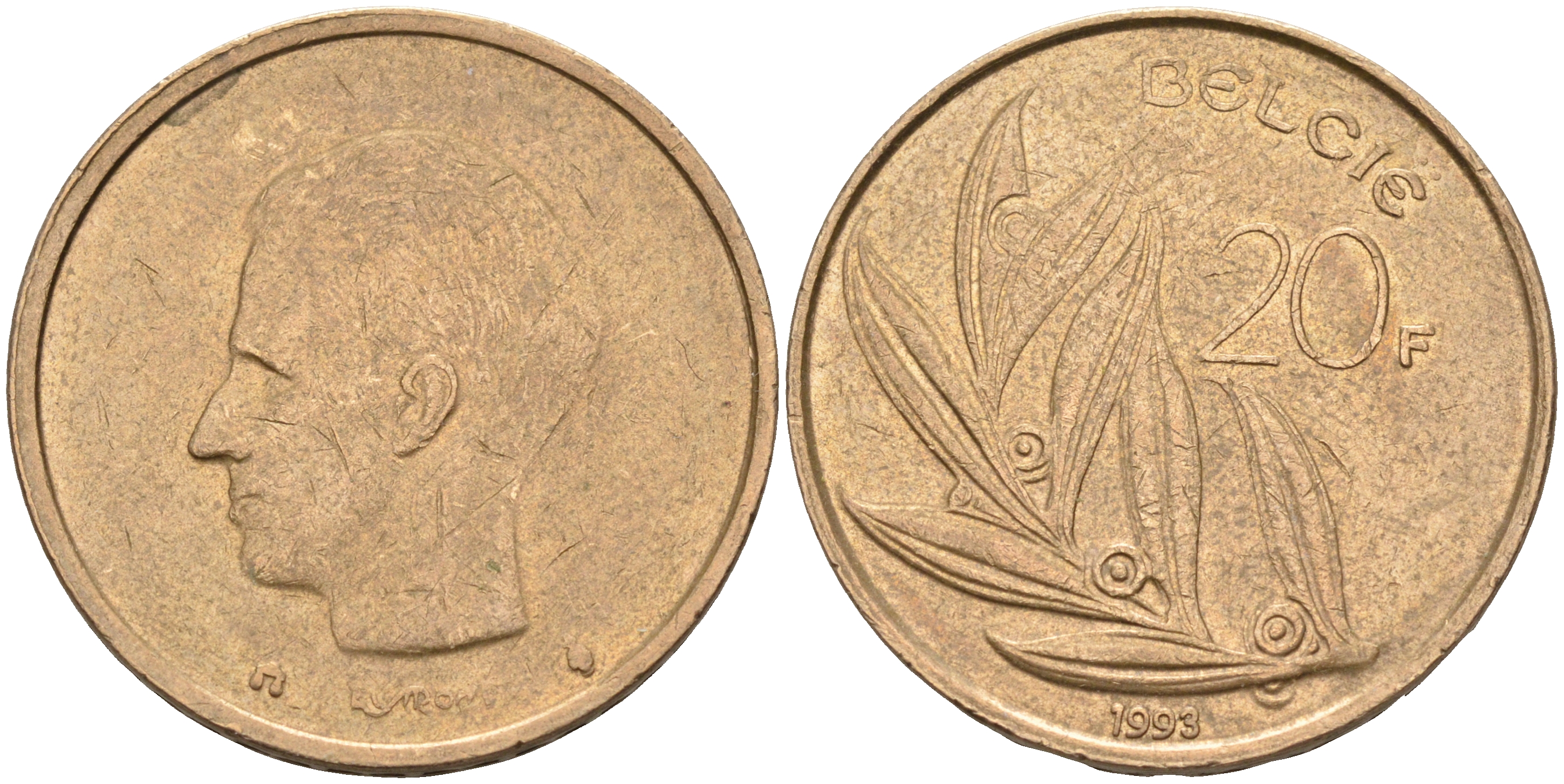 БЕЛЬГИЯ 20 ФРАНКОВ 1993 BELGIE KM 160 никель бронза 4589-817