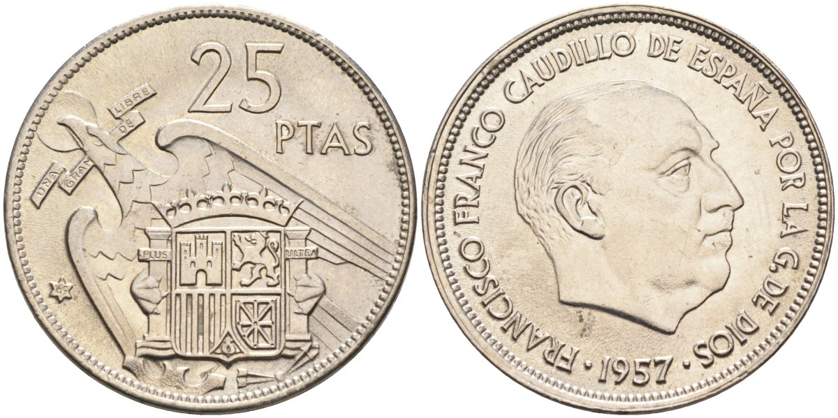 Испания 25 песет 1957(69) Франциско Франко (1939-1975) KM 787 медно-никель UNC 4583-1031