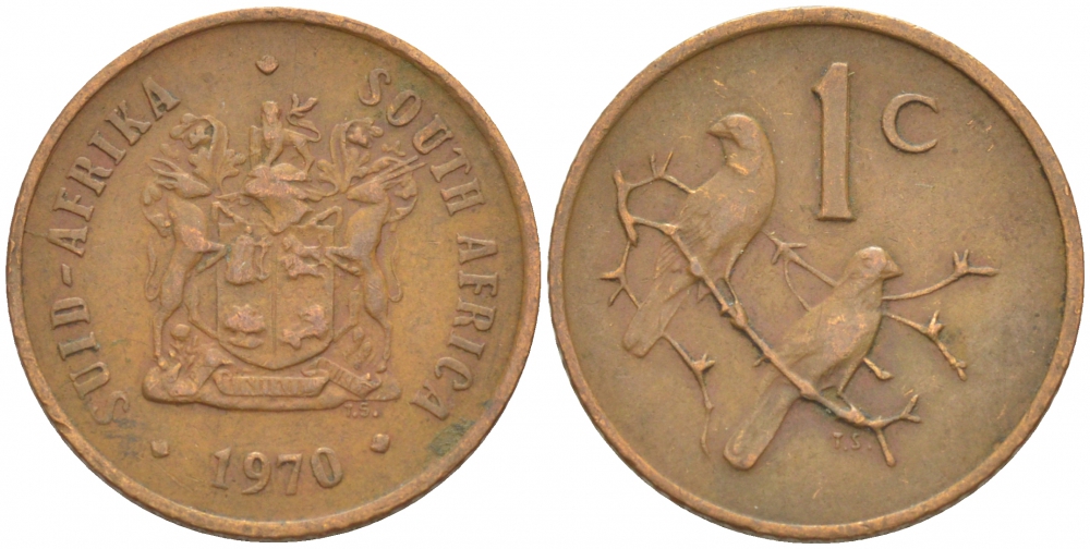 ЮАР 1 ЦЕНТ 1970 ГЕРБ, КАПСКИЕ ВОРОБЬИ KM 82 бронза 3309-612