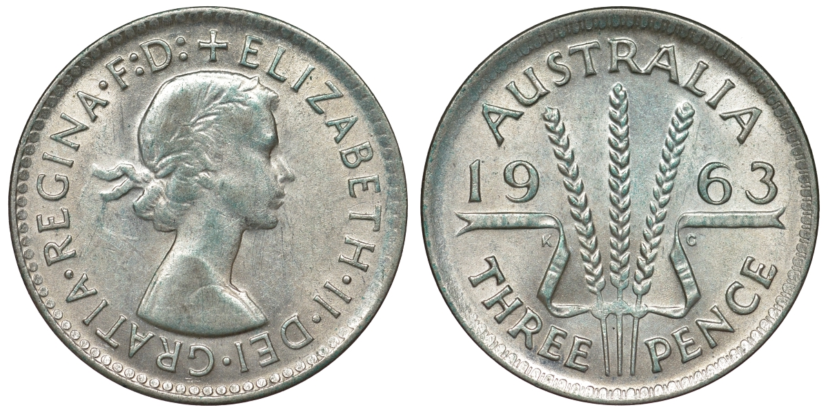 Австралия 3 пенса 1963 m, Елизавета II (1952-2022) KM 57 серебро 71-846