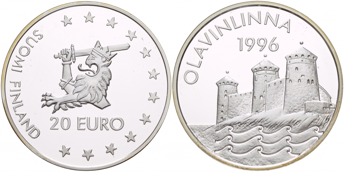 Финляндия 20 евро 1996 Крепость Олавинлинна KM x22 серебро PROOF 1066-2-46