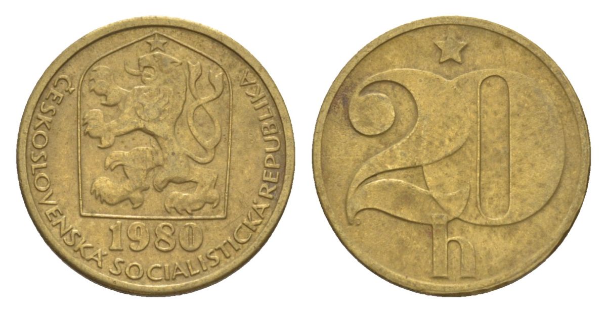 Чехословакия 20 геллеров 1980 KM 74 латунь 4632-454