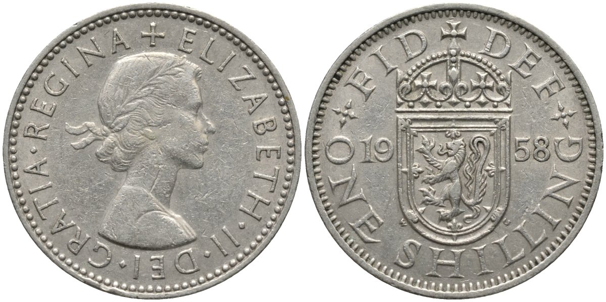 Великобритания 1 шиллинг 1958 Елизавета II (1952-2022), Шотландский герб KM 905, Spink 4148 медно-никель 4171-632