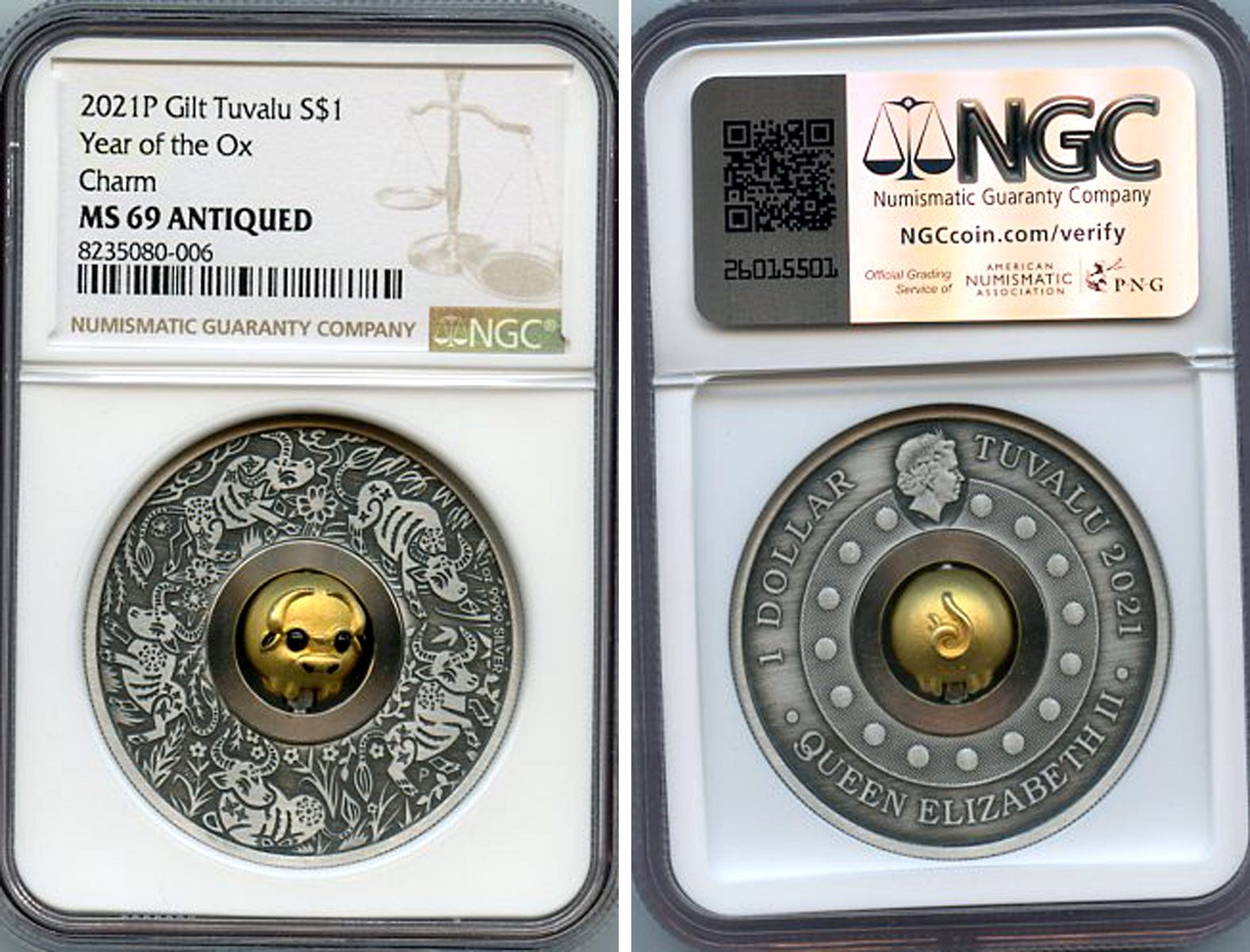 Тувалу 1 доллар 2021 год быка, вставка в виде быка, тираж 3000 экземпляров, в слабе NGC MS 69 ANTIQUED KM 204 серебро  UNC  3-4-3-05