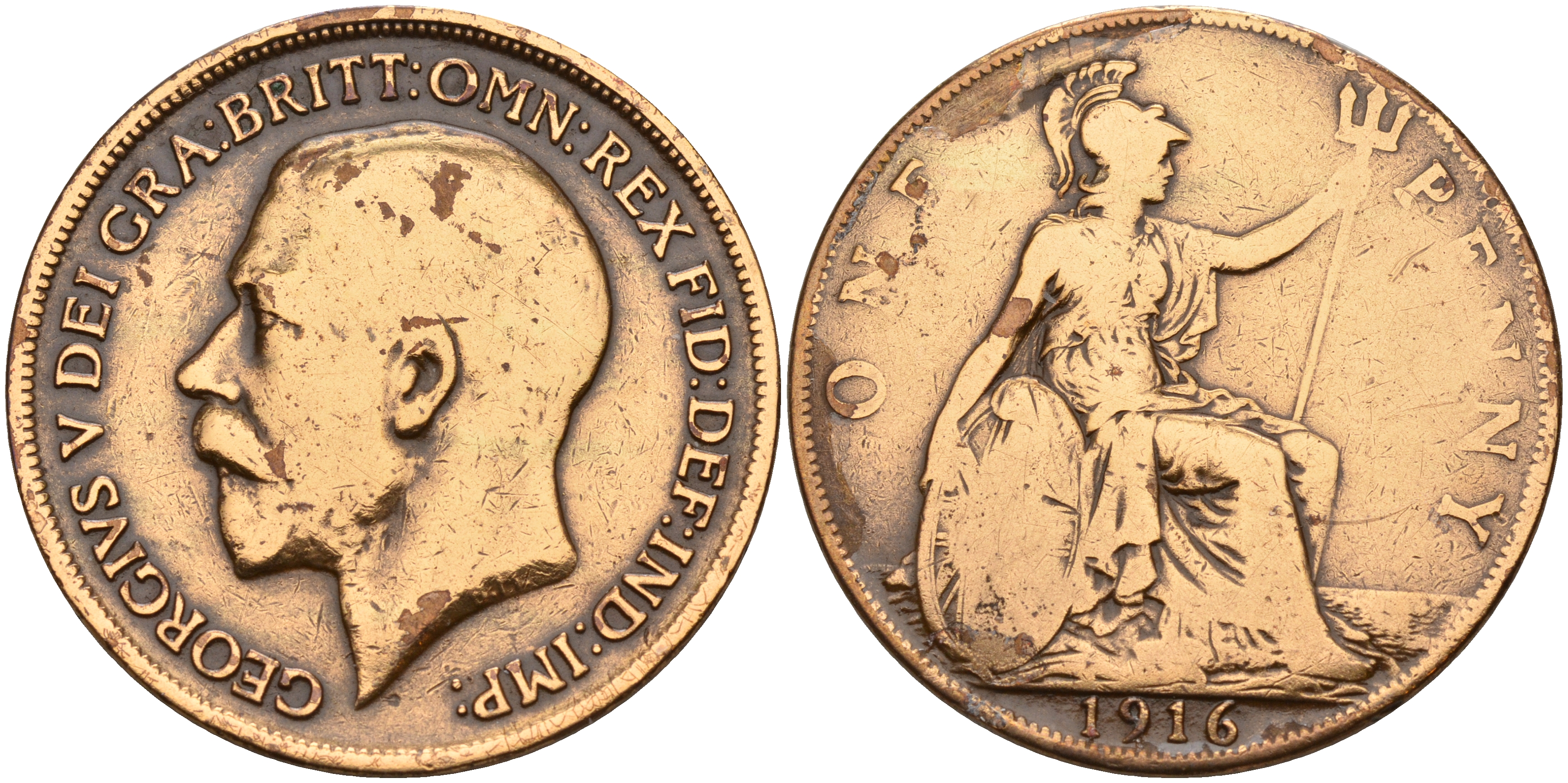 Великобритания 1 пенни 1916 Георг V (1910-1936) KM 810, Spink 4051 бронза    4149-422