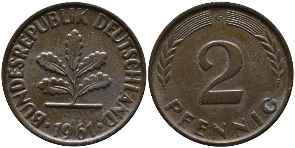 ФРГ 2 пфеннига 1961 G KM 106, J.381 бронза 99-123