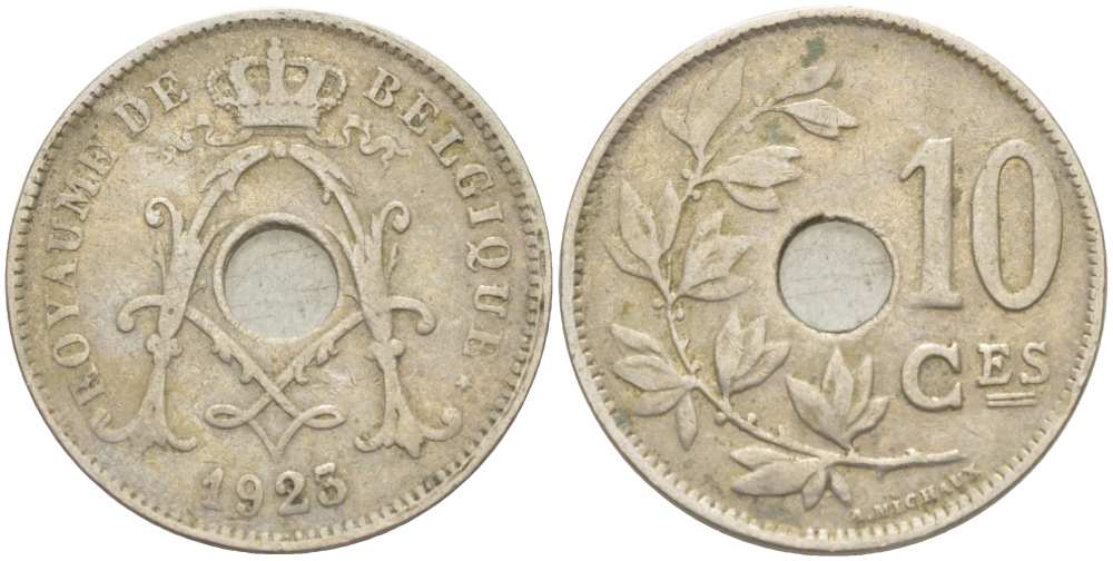БЕЛЬГИЯ 10 САНТИМОВ 1923 BELGIQUE KM 85.1 медно-никель 217-123