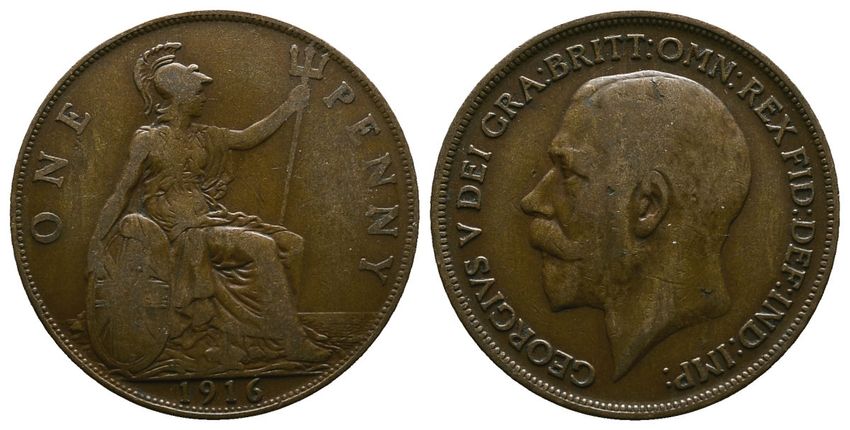 Великобритания 1 пенни 1916 Георг V (1910-1936) КМ 810, Spink 4051 бронза 4364-4341