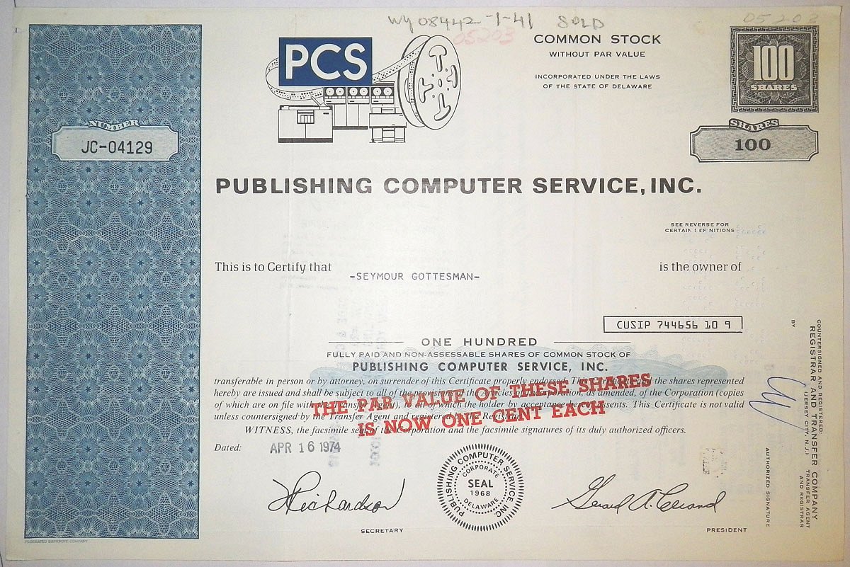 США, Publishing Computer Services, Inc. 100 акций 1974 бумага 8805-54-1