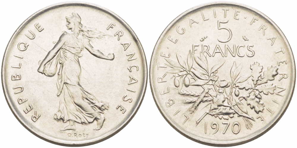 ФРАНЦИЯ 5 ФРАНКОВ 1970 СЕЯТЕЛЬ KM 926a.1, LE FRANC 341.2 медно-никель плакированный никелем 4403-1132