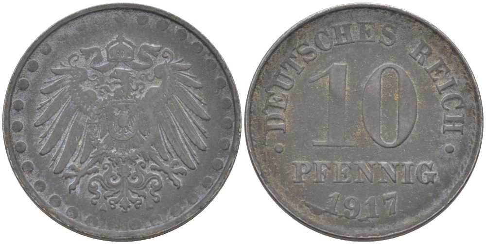 ГЕРМАНИЯ 10 ПФЕННИГОВ 1917 А KM 20, J. 298 железо 175-226