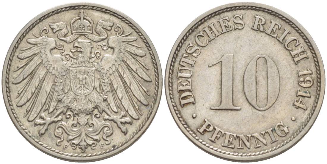 Германия 10 пфеннигов 1914 F KM 12, Jager 13, Weege 8 медно-никель 219-243