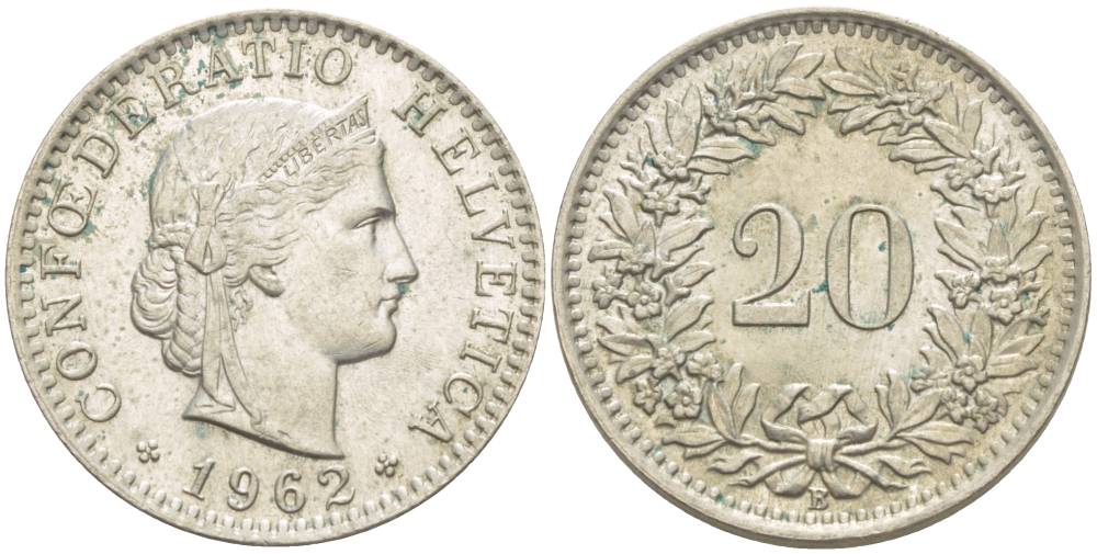 Швейцария 20 раппенов 1962 В KM 29а медно-никель 4511-924