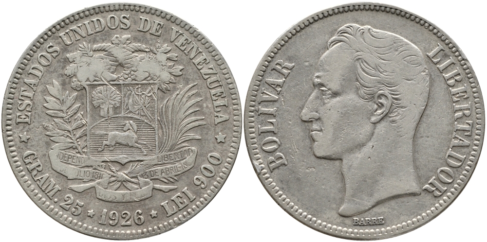 Венесуэла 5 боливаров 1926 Симон Боливар KM 24.2 серебро 1525-1213